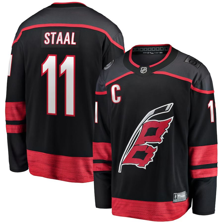 Men Carolina Hurricanes 11 Jordan Staal Fanatics Branded Black Home Captain Patch Breakaway Player NHL Jersey